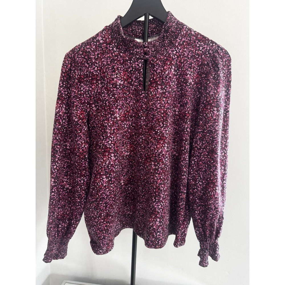 J Jill Floral Blouse Womens L Petite Pink Black Smocked Neck Keyhole Boho Soft